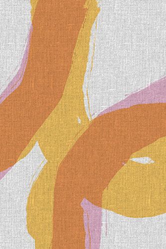 Abstracte vormen en lijnen in pastelkleuren op linnen. Oranje, geel, roze