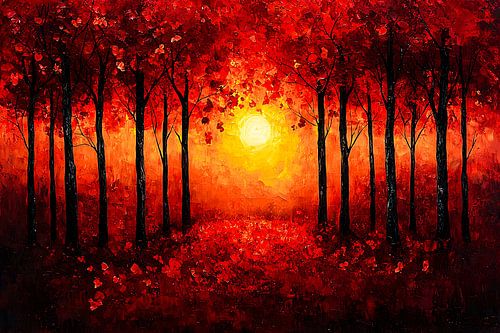 Herfstbos met zonsondergang