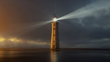 vuurtoren bij zonsondergang met lichtstralen van Markus Gann
