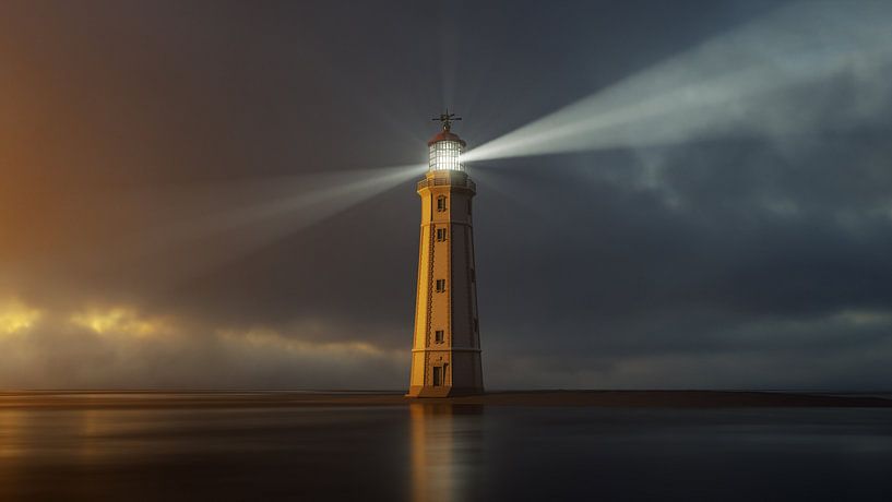 lighthouse at sunset with light rays by Markus Gann