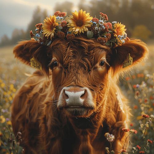 Koeienportret met zonnebloemkrans voor rustieke gezelligheid