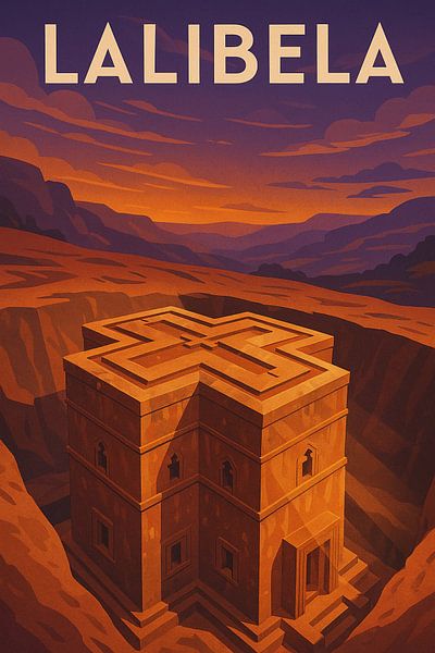 Lalibela Art Deco Poster - In Fels gehauene Kirche des Heiligen Georg bei Sonnenuntergang von Travel Shop