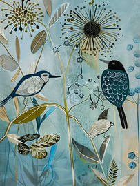 Hip illustration, landscape with botanical elements and birds by Studio Allee