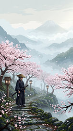 Pixelkunst: Ein einsamer Samurai wandert entlang eines blühenden Bergkamms unterhalb des Fuji, umgeben von Laternen, nebligen Tälern, fallenden Blütenblättern und einer Atmosphäre der Ruhe von my pixel art