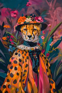 Elegante cheeta met bloemenhoed