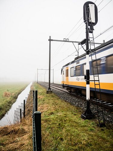 Een typische Nederlandse trein komt uit de mist en passeert een spoorwegsein.