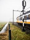 Un train typiquement hollandais sort du brouillard et passe un signal de chemin de fer par Hans Post Aperçu