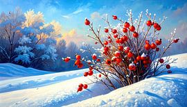 Rosehips in winter - Red glow in the morning frost: A rosehip bush in the middle of the frozen winter landscape by AidasignArt