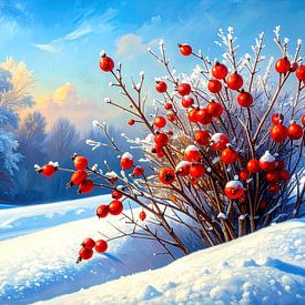 Hagebutten in der Winterzeit – Rotes Leuchten im Morgenfrost: Ein Hagebuttenstrauch inmitten der erstarrten Winterlandschaft von AidasignArt