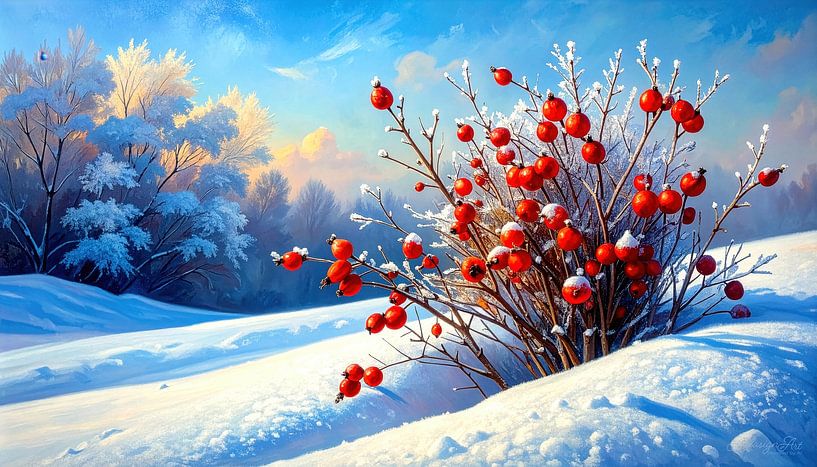 Rosehips in winter - Red glow in the morning frost: A rosehip bush in the middle of the frozen winter landscape by AidasignArt