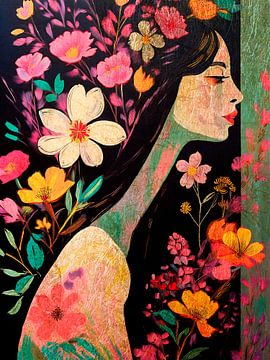Moderne collage van een vrouw met bloemen van Studio Pieternel