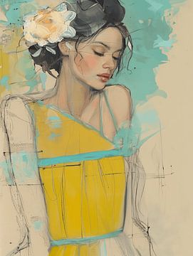 Portret in geel en turquoise van Carla Van Iersel