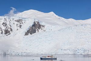 Découvrez l'Ocean Nova entre les hautes falaises de l'île d'Orne, en Antarctique.