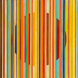 Warm hart | Abstract schilderij met strepen en rode cirkel in warme kleuren