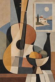 Stillleben mit böhmischen Saiteninstrumenten – Erdige Farbtöne & e Küstenszene von Timeless Artworks