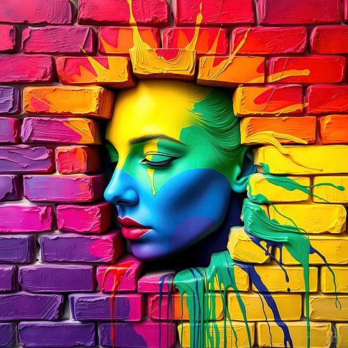 Surreal face of a woman - absorbed, breaking through the wall, where colour becomes emotion and form becomes energy (3 of 3) by AidasignArt