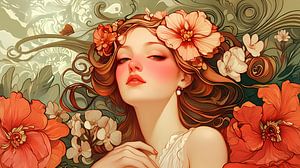 Femme élégante dans un jardin de fleurs style Alphonse Mucha