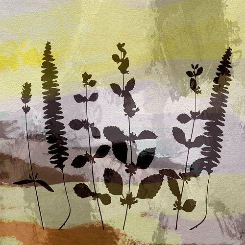 Bladeren en planten op pastel. Botanisch in retrostijl op bruin, geel, paars