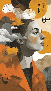 Surrealistisch portret met zwevende sleutels en klokken van Aden Pink Studio