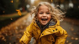 Porträt eines lustigen jungen Mädchens im Herbst mit gelbem Regenmantel