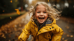 Porträt eines lustigen jungen Mädchens im Herbst mit gelbem Regenmantel