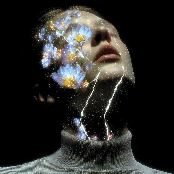 "Cosmic flower vision - Surreal portrait of a woman with stars &amp; blossoms by Niphion Art