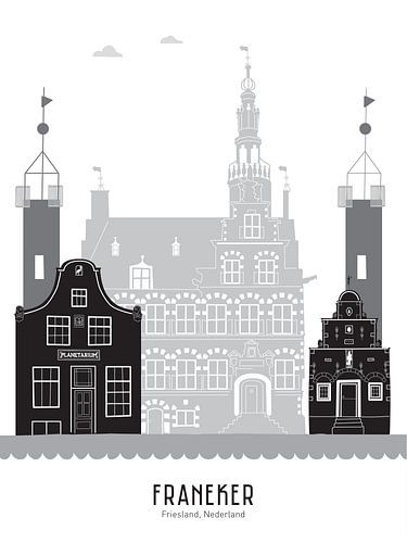 Skyline illustratie stad Franeker in zwart-wit-grijs