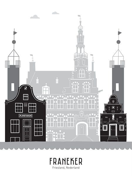 Illustration de la ligne d'horizon de la ville de Franeker en noir et blanc-gris par Mevrouw Emmer