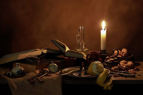 Classic dark brown still life with lemon