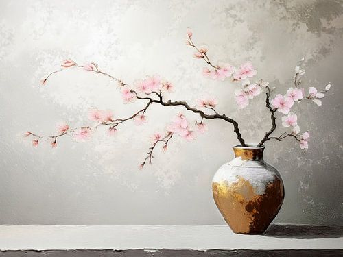 Sereen Stilleven in Japandi stijl. Vaas met kersenbloesem