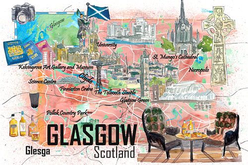 Carte de voyage illustrée de Glasgow, Écosse, avec les rues et les points forts.