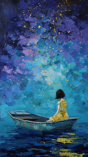 Floating Boat Girl Under Falling Stars