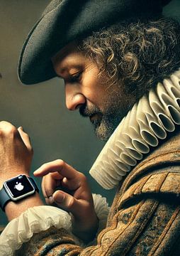 Rembrandt kijkt naar zijn Apple Watch van Jaap Ros