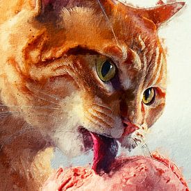 Rode kat likt aan een aardbeienijsje (kunst) van Art by Jeronimo