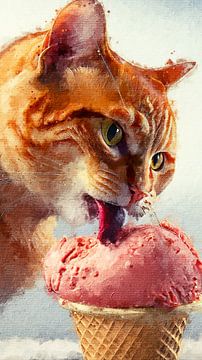 Un chat rouge lèche une glace à la fraise (art)