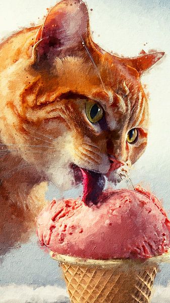 Rote Katze leckt Erdbeereis (Kunst) von Art by Jeronimo