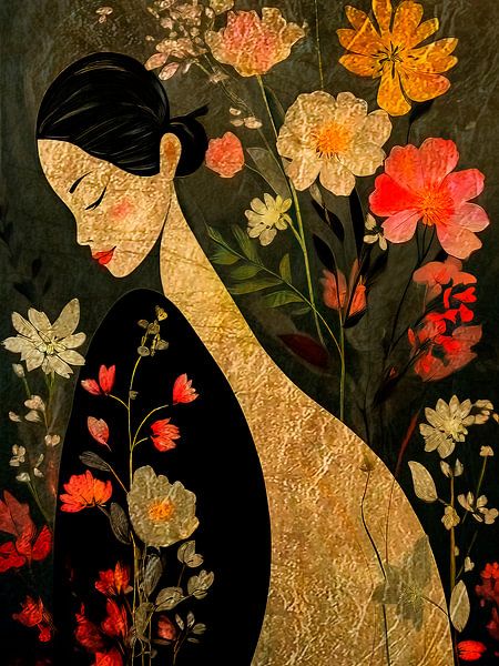 Uniek en modern portret van een vrouw met bloemen van Studio Pieternel