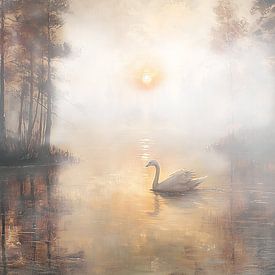 Schwan schwimmt in einem See in der frühen Morgendämmerung von Margriet Hulsker