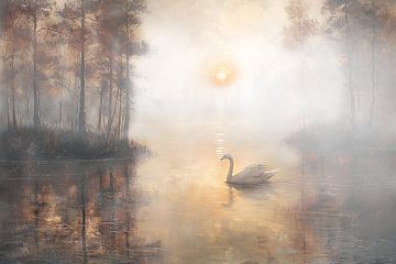 zwaan zwemmend in een meer tijdens de vroege ochtendgloren van Margriet Hulsker
