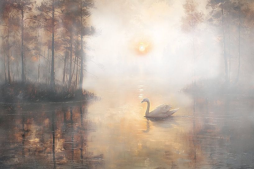 Schwan schwimmt in einem See in der frühen Morgendämmerung von Margriet Hulsker