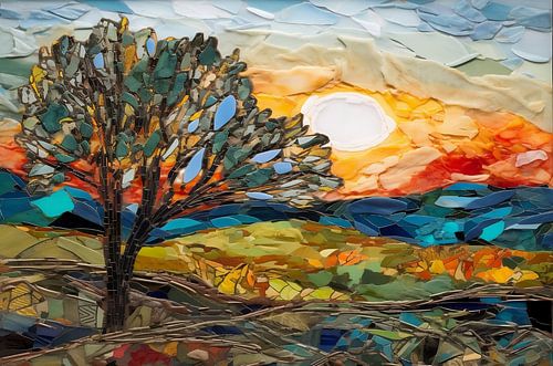 Landschap van scherven glas, porselein, aardewerk en acrylverf