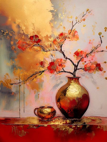 Japandi-Kirschblüte auf Vase: Serie-Aquarell-Stillleben-3 von Studio Pieternel