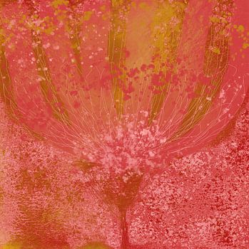 Abstract flower. Modern botanical in red, pink, gold and white