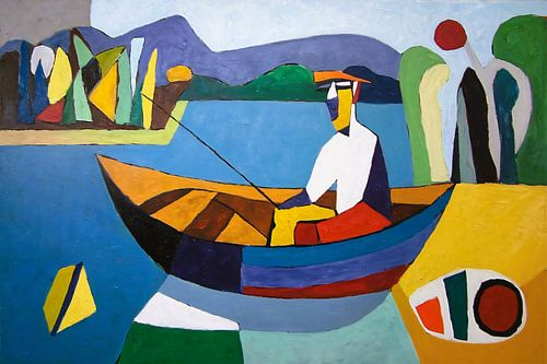 Kleurrijk abstract schilderij visser