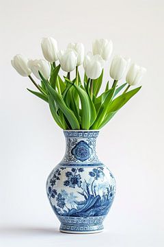 Still life with white tulips in Delft blue vase by Vlindertuin Art