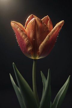 Gouttes de rosée sur une tulipe orange vif sur De Muurdecoratie