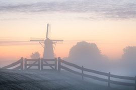 Molen de vlinder op een mooie mistige ochtend bij Deil in de Betuwe. van Jos Pannekoek