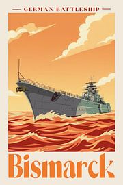 Illustration im Retro-Flat-Design des Schlachtschiffs „Bismarck“ – Dekoration zum Thema Marinegeschichte von SPJE ART