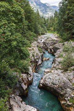 De turquoise Soča rivier in Triglav Nationaal Park stroomt hier door de kloof Velika Korita