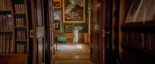 House library at Paleis Het Loo museum with a child in window light looking intently at artworks